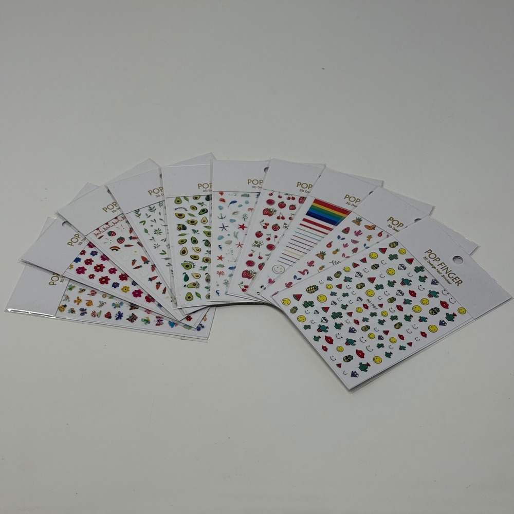 Pop Finger‎ 3D Design Nail Sticker Lot of 10 Sheets Fruit Floral Summer Emoji